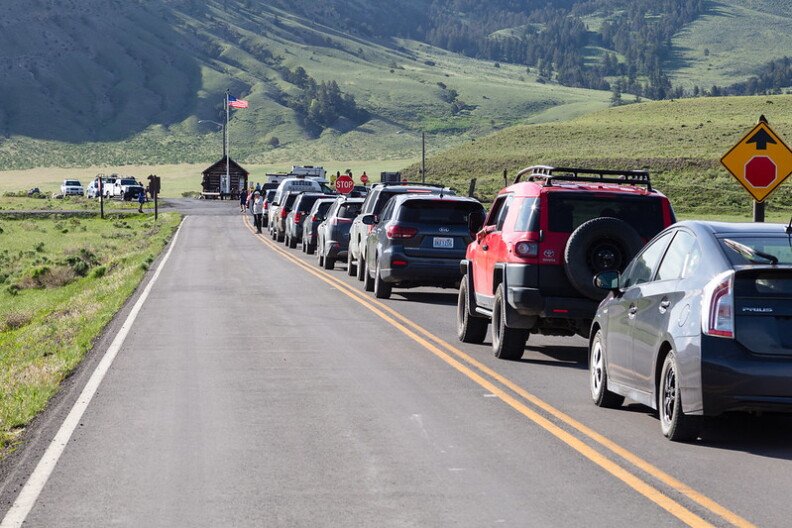 A line of cars waiting to get into Yellowstone National Park