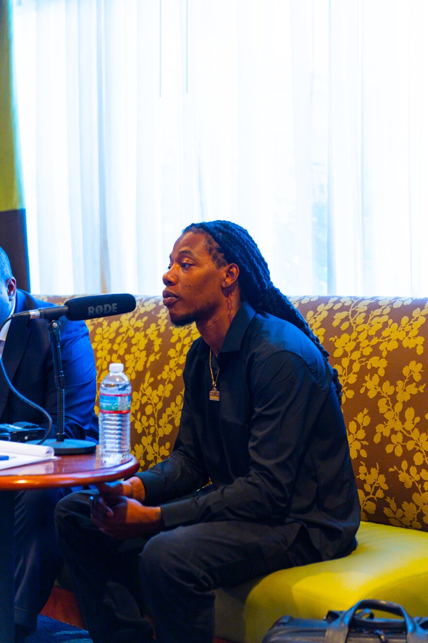 Khalil Ferebee, the son of Andrew Brown Jr., talks with WUNC's Laura Pellicer shortly before demonstrations began nearby in Elizabeth City on April 27, 2021.