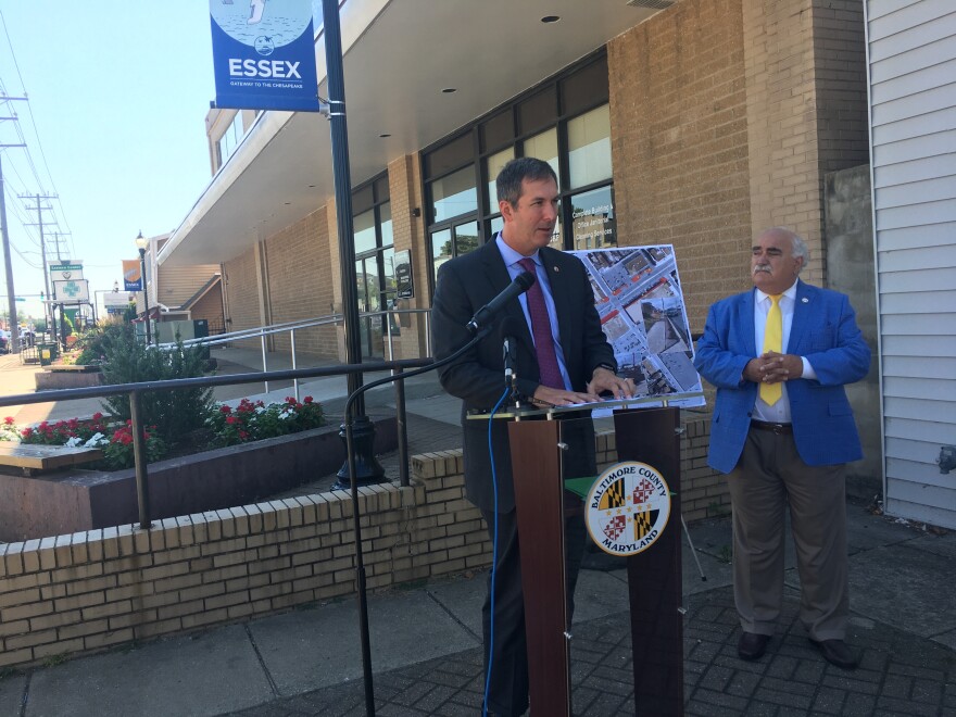 Baltimore County Executive Johnny Olszewski describes plans for downtown Essex.