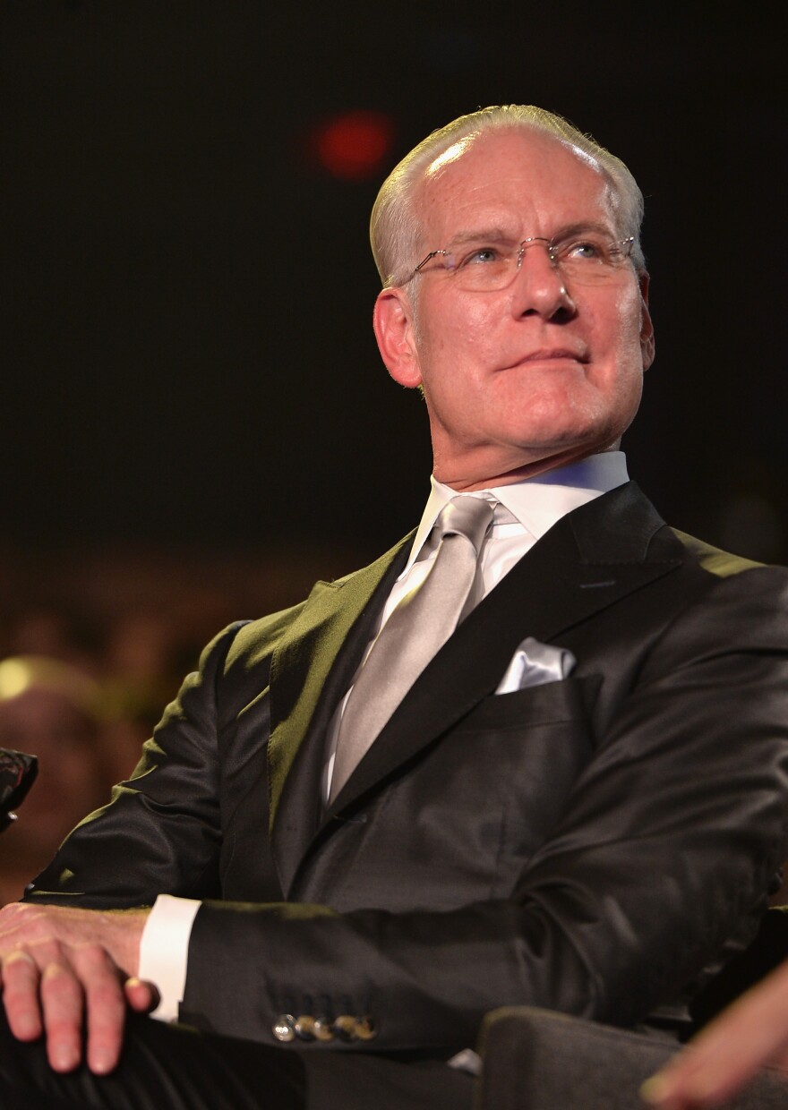 "The term 'vegan leather' makes me think that you peeled a carrot and took the skin and made a jacket out of it," says Tim Gunn, pictured above at the <em>Under the Gunn</em> finale fashion show.