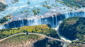 Aerial shot of the Victoria Falls on the Zimbawe Zambia Border.