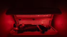 Kara Swisher in a red-light therapy chamber for her new documentary, "Kara Swisher Wants to Live Forever." (Courtesy of CNN)