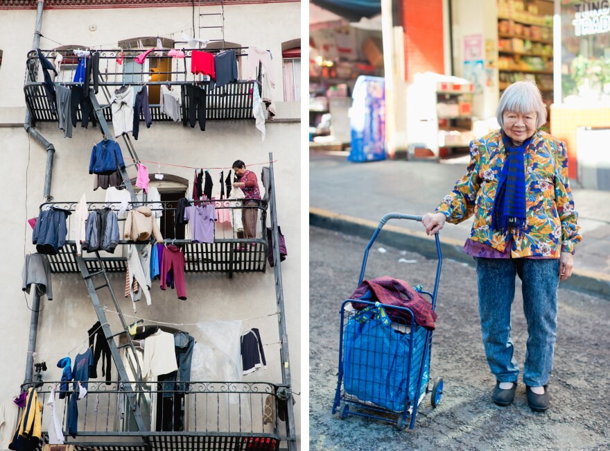 Left: Clothes dry on fire escapes in San Francisco's Chinatown. Right: 88-year-old Shi Ping Tang says all of her clothes are gifted. "I never have to buy anything," she said. "My friends give me all my clothes."