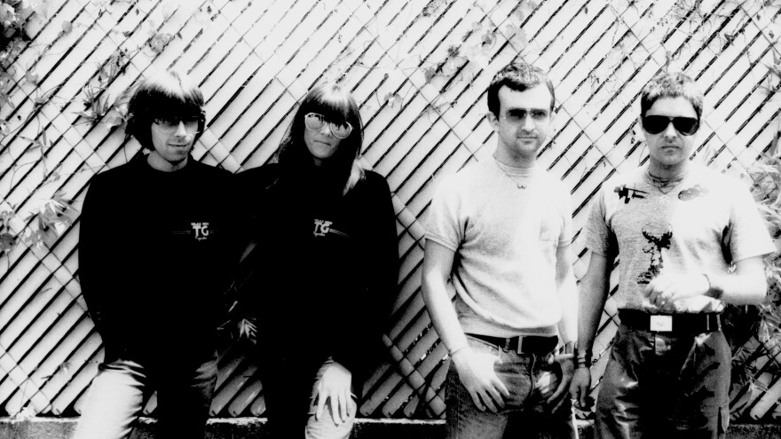 Throbbing Gristle, photographed on May 22, 1981. From Left: Chris Carter, Cosey Fanni Tutti, Peter "Sleazy" Christopherson and Genesis P-Orridge.