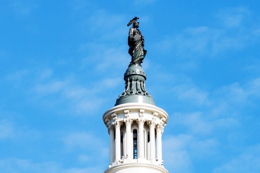 The Statue of Freedom crowns the dome of the U.S. Captitol in Washington, D.C.