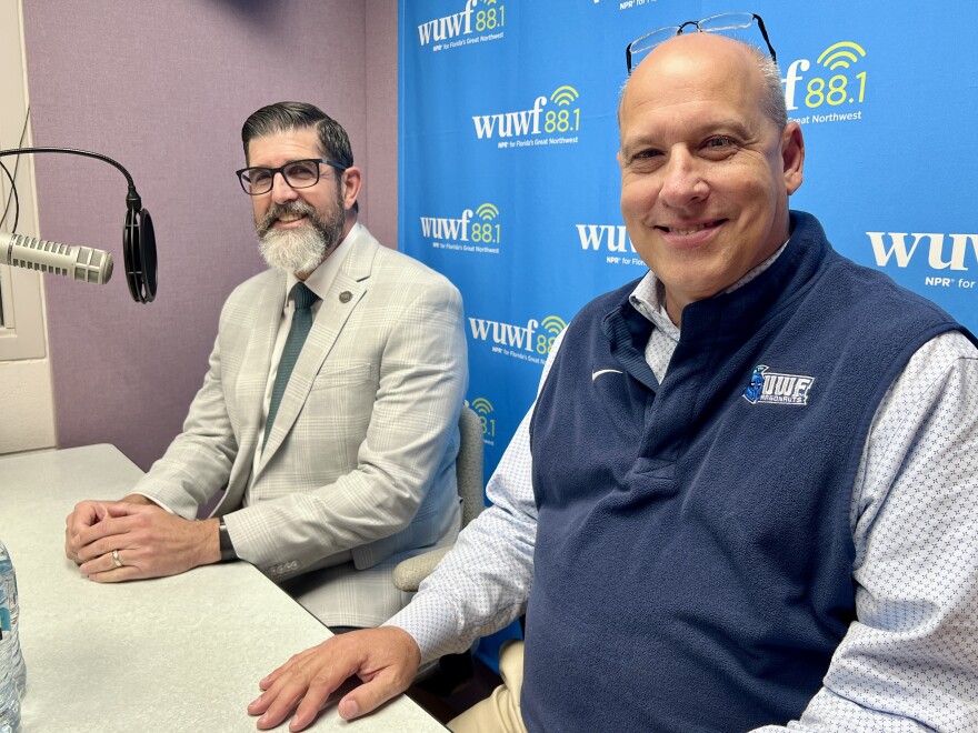 UWF President Manny Diaz Jr. and UWF Athletic Director Dave Scott in the WUWF studio.