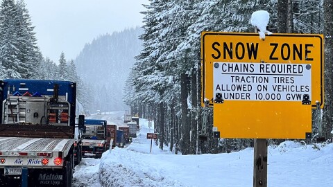 A snowy road on Highway 26 in Oregon on February 28, 2023.