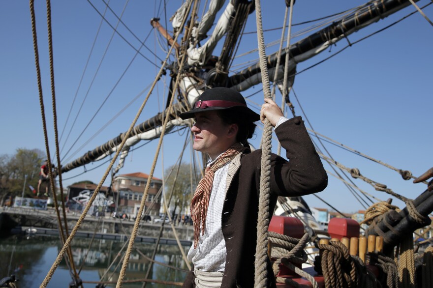 Adam Hodges-LeClaire is outfitted as an 18th century sailor, down to his woolen socks and leather buckle shoes.