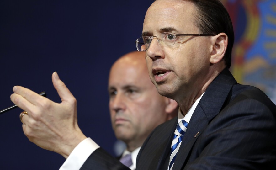 Deputy Attorney General Rod Rosenstein speaks during a roundtable on immigration policy at Morrelly Homeland Security Center on May 23 in Bethpage, N.Y.