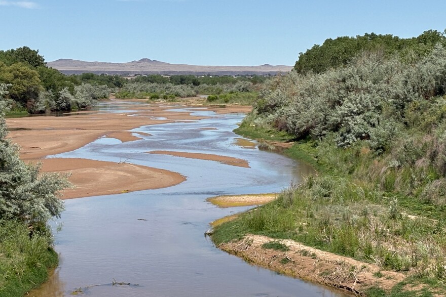 Sand bars develop along the Rio Grande as stretches of the river begin to dry in Albuquerque, N.M., on May 14, 2026. (AP Photo/Susan Montoya Bryan)