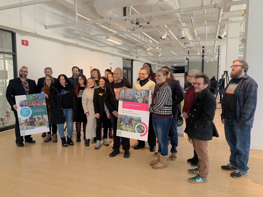 Awardees of Wicked Cool Places and Art Is Everywhere! grants gathered at the Star Store in New Bedford Tuesday.