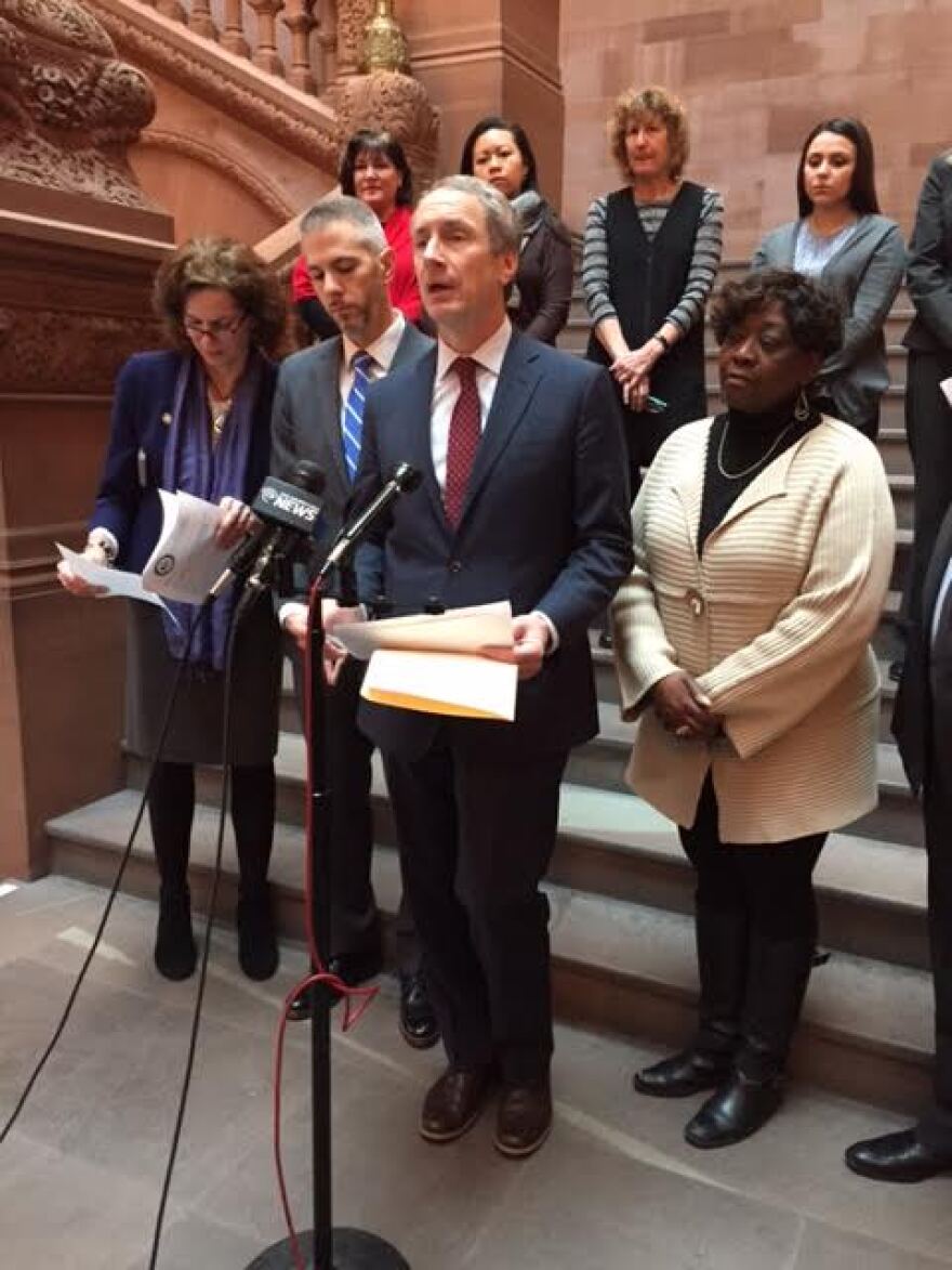 Assemblyman Sean Ryan, D-Buffalo, and other lawmakers call for state help to fund refugee resettlement centers Wednesday at the Capitol's Million Dollar Staircase in Albany.