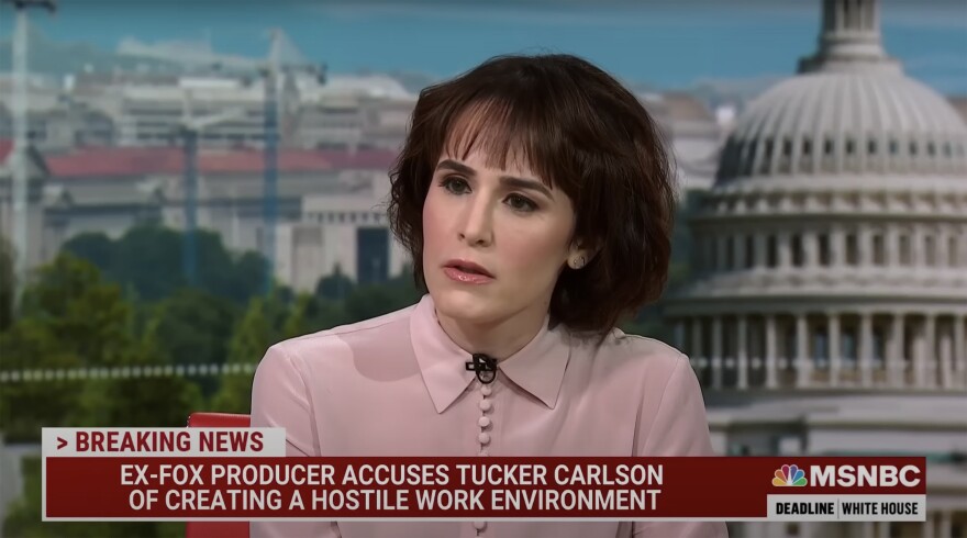Former Fox News producer Abby Grossberg, seen here in an interview on MSNBC, alleged there was a hostile environment riven by sexism and anti-Semitism when she worked on Tucker Carlson's show.