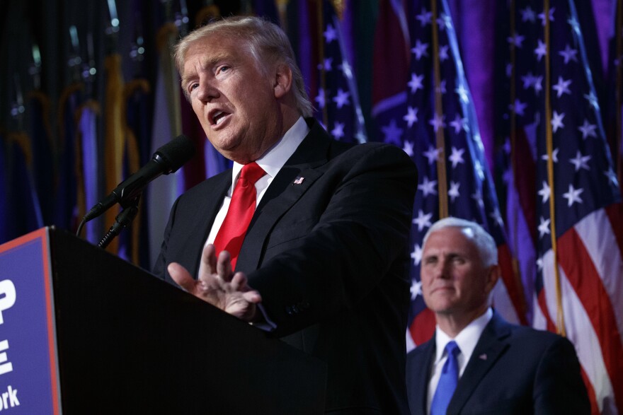 President-elect Donald Trump, with Vice President Mike Pence in the background, speaks to a crowd of supporters in New York a day after defeating Hillary Clinton on Nov. 9, 2016.