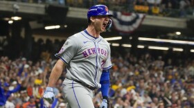 FILE - New York Mets' Pete Alonso reacts after hitting a three-run home run during the ninth inning of Game 3 of a National League wild card baseball game against the Milwaukee Brewers Thursday, Oct. 3, 2024, in Milwaukee. (AP Photo/Morry Gash, File)