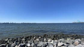 A view of the Lafayette River from Lambert’s Point in Norfolk. The new Norfolk floodgate, constructed by the end of the decade, will stretch across the mouth of the river to Norfolk International Terminals, as seen to the right. (Photo by Katherine Hafner)