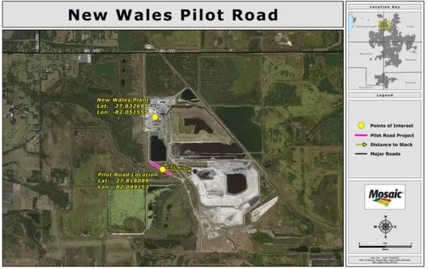 An aerial map showing the location of Mosaic's proposed test site at its New Wales plant. A bar on the side shows a legend and a compass.