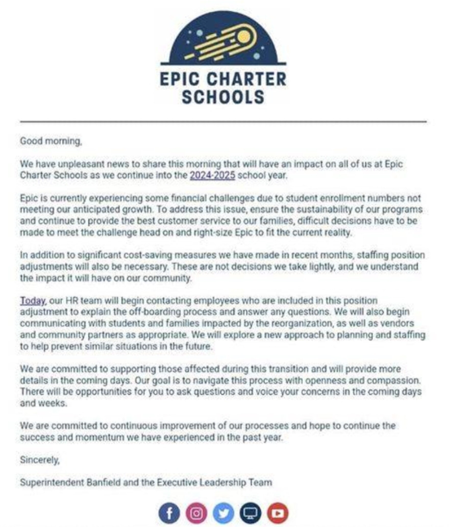 Epic Charter Schools announces layoffs, pay cuts amid 'financial