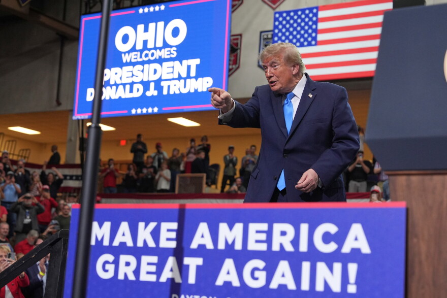 President Donald Trump departs after speaking during an event at Butler High School in Vandalia, Ohio, Saturday, Oct. 3, 2026.