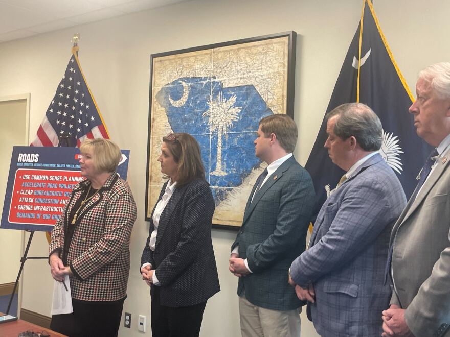 S.C. Republican Reps. Shannon Erickson of Beaufort, Heather Crawford of Horry, Brandon Newton of Lancaster, Robby Robbins of Dorchester and Lee Hewitt of Georgetown, unveil new legislation to modernize the state transportation department and combat congestion on Thursday, Jan. 29, 2026, in Columbia, S.C.