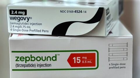 Boxes for the medications Wegovy and Zepbound are arranged for a photograph in California on Thursday, May 8, 2025.