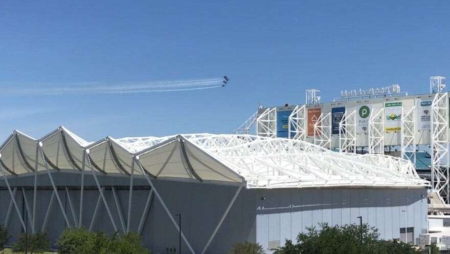 The Blue Angels are pictured flying over TIAA Bank Field in Jacksonville last May.