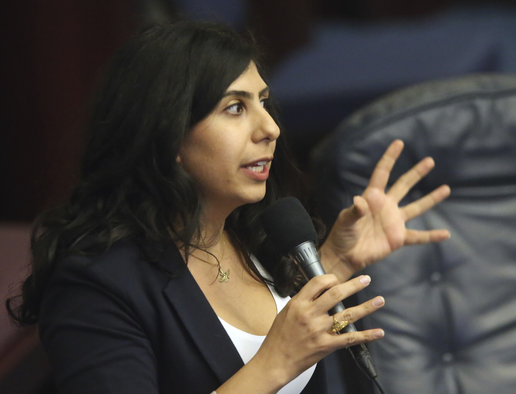 Rep. Anna Eskamani, D-Orlando, debates the parental consent abortion bill during session, Thursday, Feb. 20, 2020, in Tallahassee, Fla. (AP Photo/Steve Cannon)