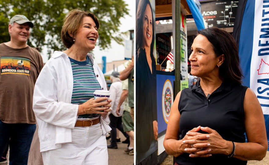 Sen. Amy Klobuchar talks to fairgoers and supporters Friday, Sept. 4, 2026, and Minnesota House Speaker Lisa Demuth talks to fairgoers and supporters Friday, Aug. 28, 2026, at the Minnesota State Fair.