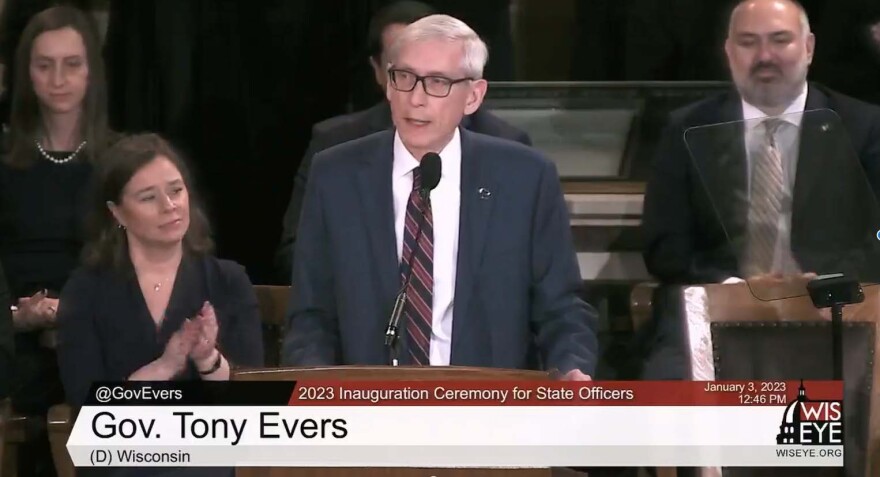 Wisconsin Gov. Tony Evers speaking during Tuesday's inauguration ceremony at the state Capitol in Madison with Lt. Gov. Sara Rodriguez on the left.