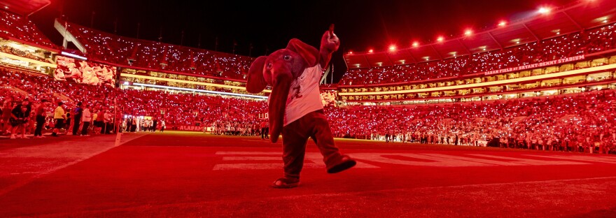 Alabama mascot Big Al performs during a timeout in the second half of an NCAA college football game against Louisiana-Monroe, Saturday, Sept. 6, 2025, in Tuscaloosa, Ala. (AP Photo/Vasha Hunt)