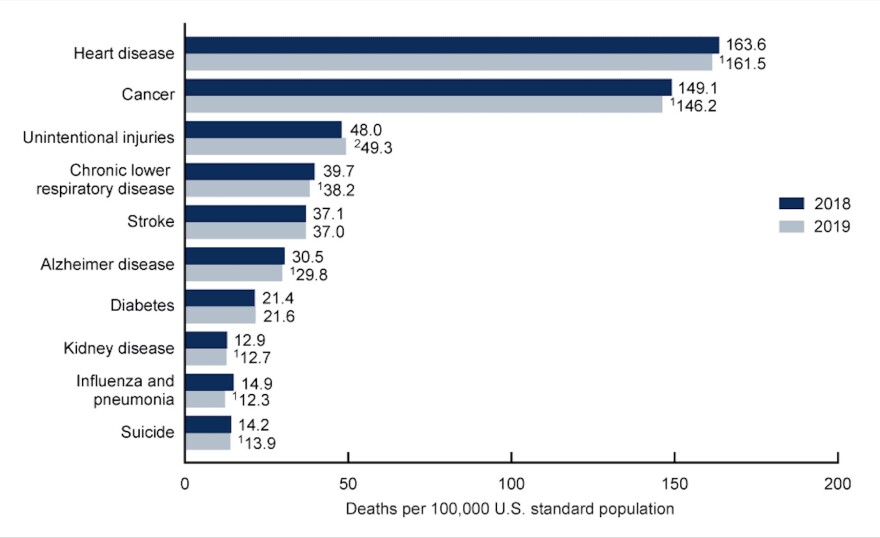 Age-adjusted death rates for the 10 leading causes of death in 2019: United States, 2018 and 2019.