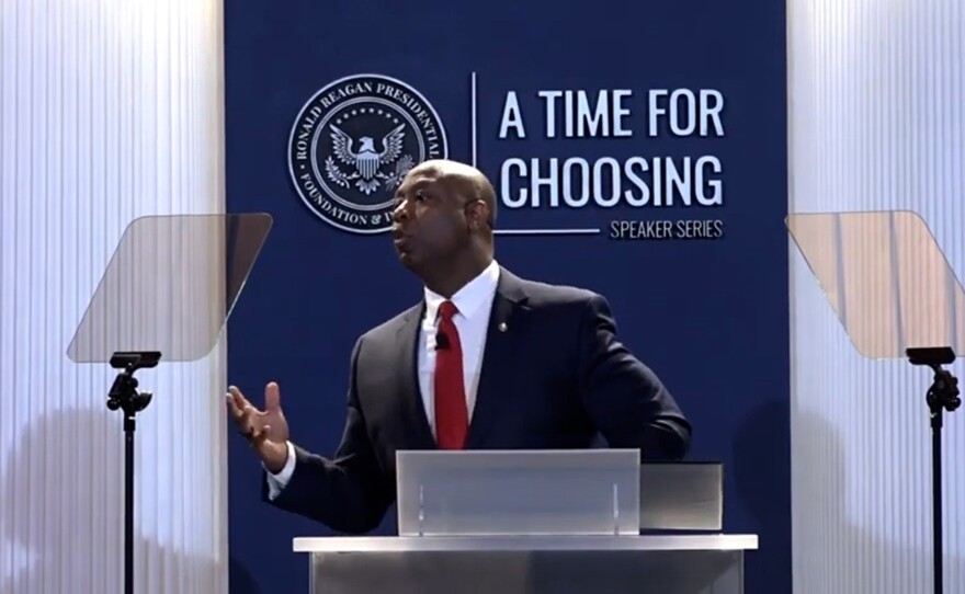 Sen. Tim Scott speaks as part of the Time for Choosing Speaker Series at The Ronald Reagan Presidential Foundation & Institute on April 19, 2022.