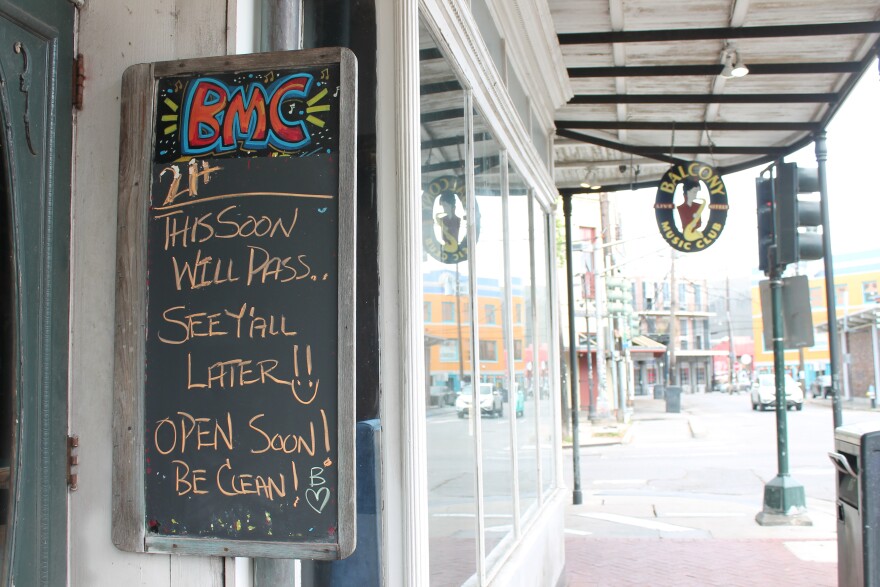 A sign outside Balcony Music Club in New Orleans. March 19, 2020.