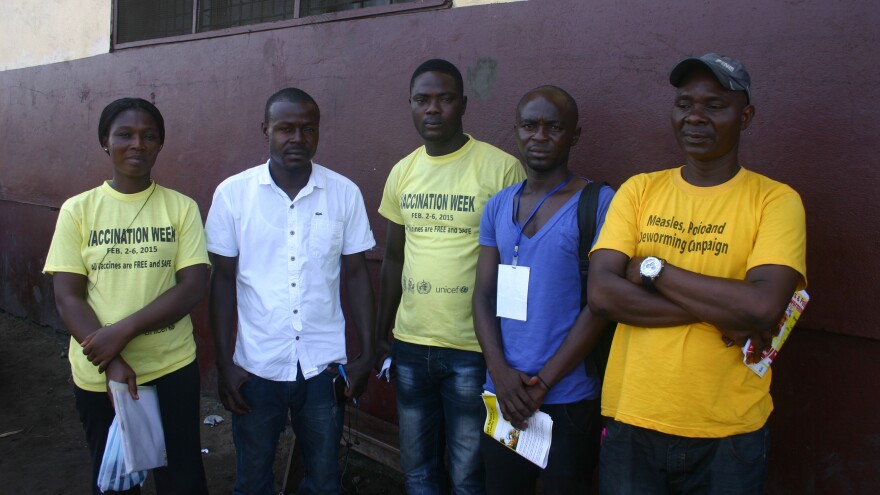 A group of community health volunteers in the West Point township of Monrovia. Jescina Washington is at the far left and Hassan Newland is second from the left.