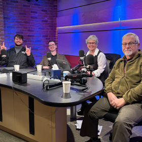 In for Carrie Saldo, NEPM's Jill Kaufman sits with panelists, reporter emeritus Mike Dobbs of Focus Springfield; Anthony Cammelleri, reporter for the Greenfield Recorder; and Evan Garber, political consultant from A.L. Cignoli and Associates.
