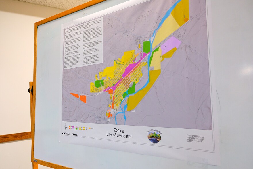 A map of Livingston with colors showing different zoning blocks.