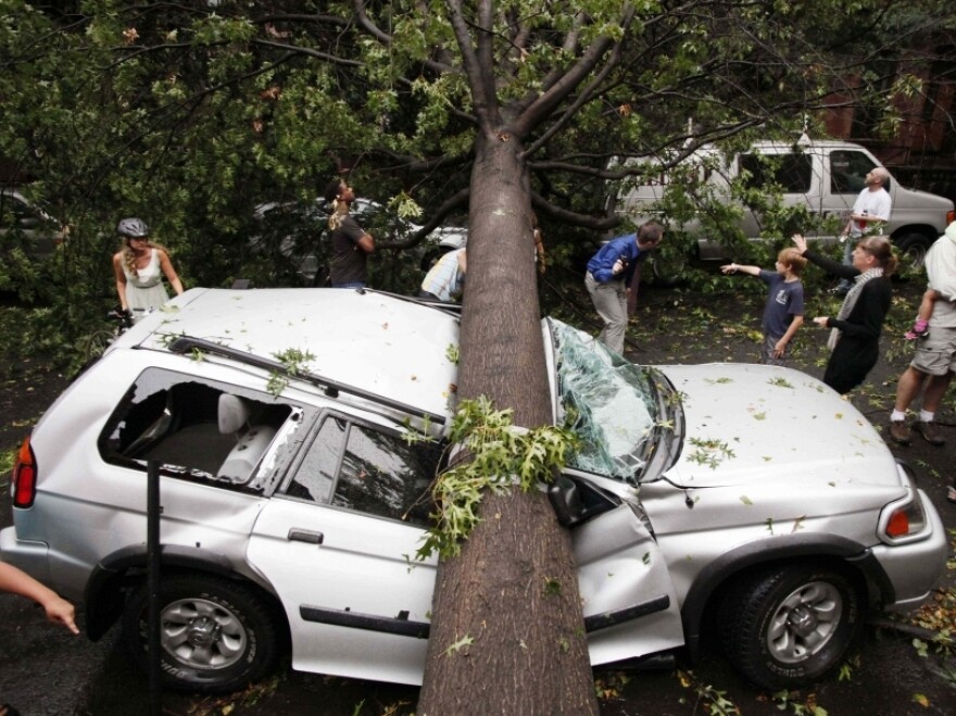A car is crushed by a fallen tree in Brooklyn's Park Slope neighborhood on Thursday after a storm swept through New York City.