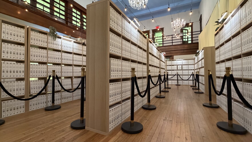 Shelves at The Donald J. Trump and Jeffrey Epstein Memorial Reading Room. The exhibit contains the 3.5 million pages of the Epstein Files released in 2025.