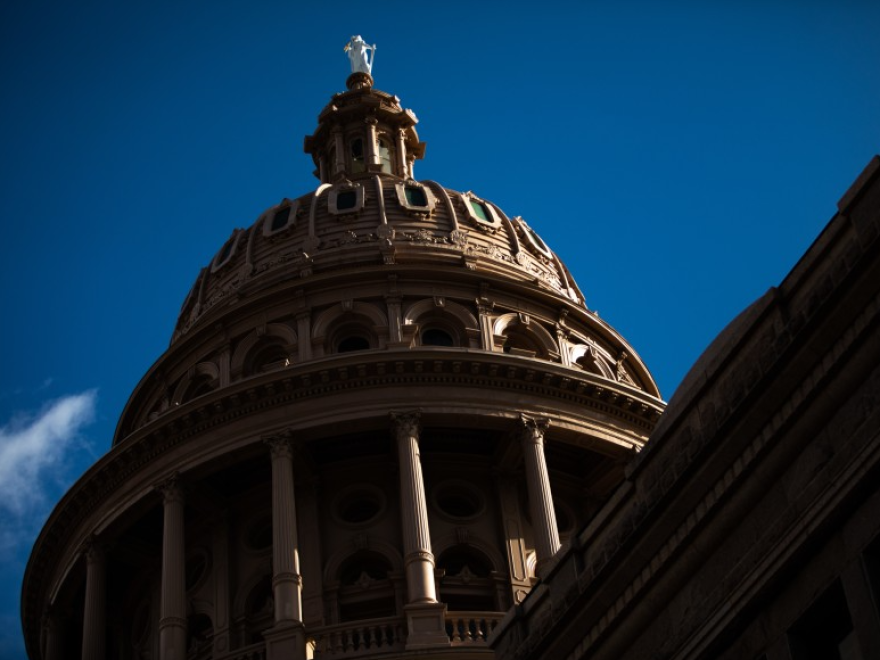 A view looking up at the state capitol.