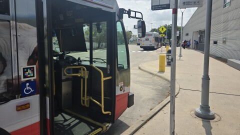 Buses await riders at the VIA Transit Center Kel-Lac off U.S. 90 West, near Lackland Air Force Base on Aug. 5, 2026