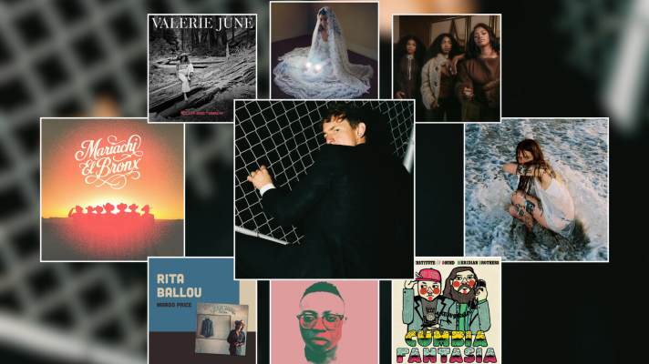 A collection of 9 artworks for new music releases. Top left is black and white image of a woman sitting on tree logs. Top middle a woman in a white wedding dress kneeling. Top right is three women side by side. Left middle is a reddish sunset with the outline of six heads with cowboy hats against the horizon. Middle middle a man in a black suitcoat holding a chainlink fence and looking back at the camera. The right middle is a woman in a sheer white dress crouching in the ocean surf. Bottom left is a photo of a man in a cowboy hat over a blue/black background. Middle bottom is a pink background with a face wearing glasses. Bottom right is a drawing of two people on the telephone.