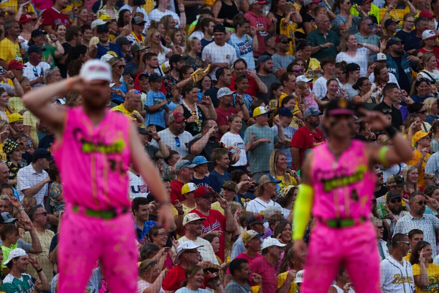The crowd dances alongside the Party Animals before the baseball game between the Savannah Bananas and the Party Animals at Busch Stadium on Friday, July 18, 2025, in downtown St. Louis.