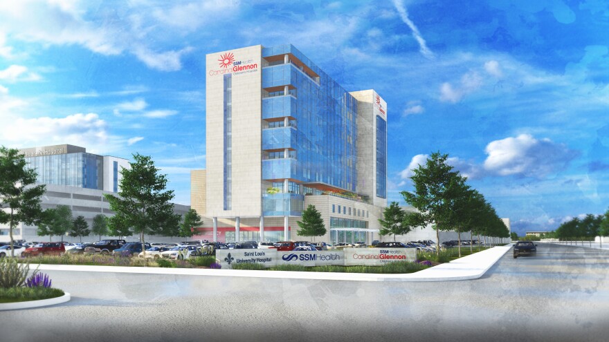 An illustrated rendering of the planned Cardinal Glennon hospital shows a 14-story glass and concrete building at the corner of Grand Boulevard and Chouteau Avenue south of Interstate 64/Highway 40. 