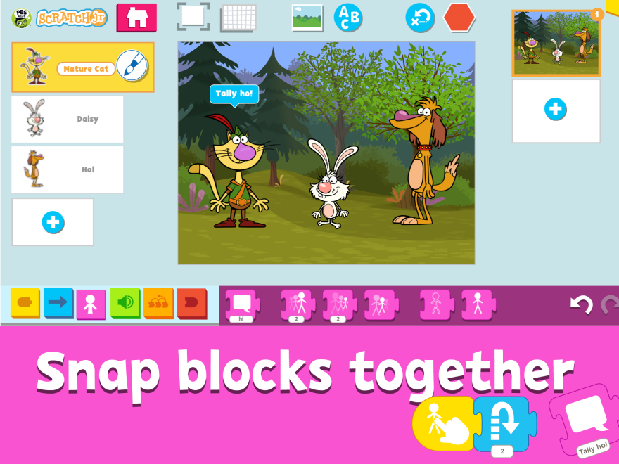 The PBS Kids version of ScratchJr features characters from PBS cartoon shows like <em>Nature Cat.</em>