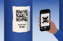 An illustration showing a person using a cell phone to scan a QR code. The flier tells people to scan for $100, but the image on the cell phone screen shows that the site is dangerous.