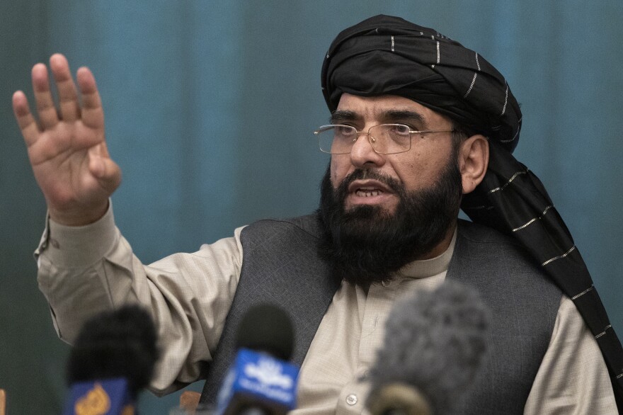 Suhail Shaheen, Afghan Taliban spokesman, speaks during a news conference in Moscow in March 2021.