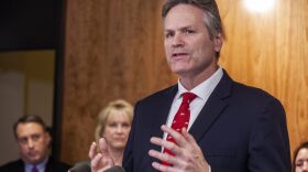 Alaska Gov. Mike Dunleavy introduces his proposed budget for next year at a news conference in Juneau. (Photo by Rashah McChesney / KTOO)