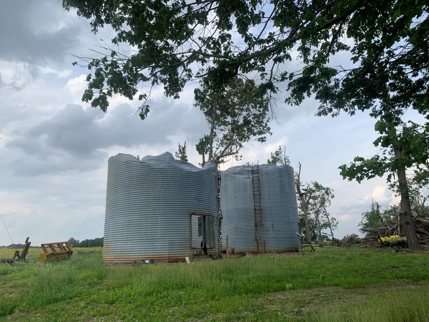 Dec. tornadoes blew the tops off of two grain bins at the farm of Tim Hendrix in Bremen, KY