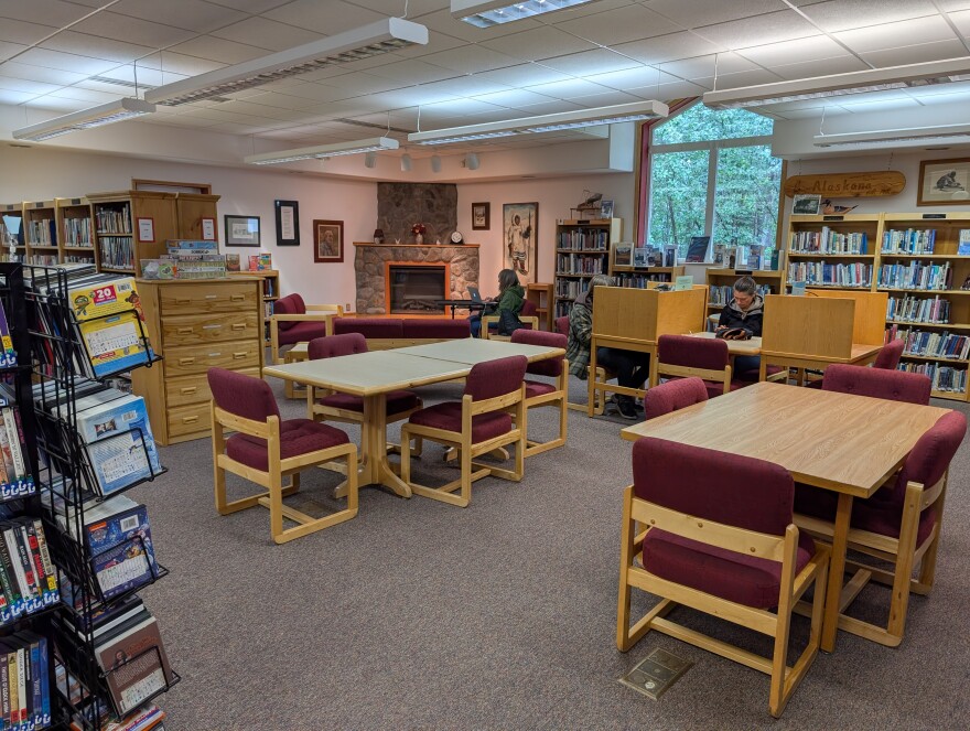 It's more quiet on the other side of the library, where the grownup patrons can read or do homework or just browse the books.
