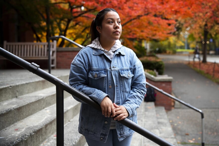 Xitlaly Mendoza, a senior at UW, is portrayed on Monday, November 3, 2025, on the University of Washington campus in Seattle.